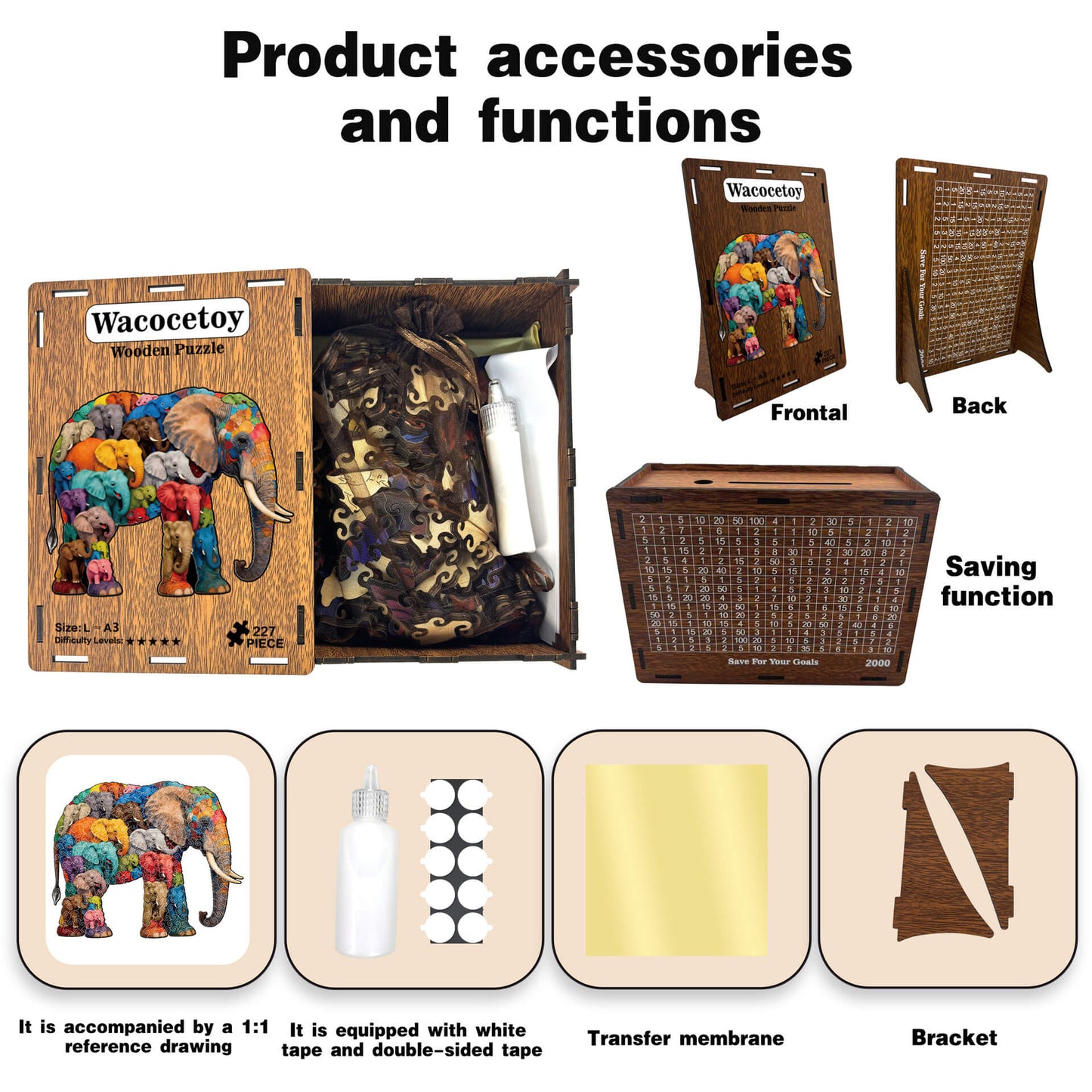 Elephant wooden puzzle with colorful animal-shaped pieces for adults and kids.