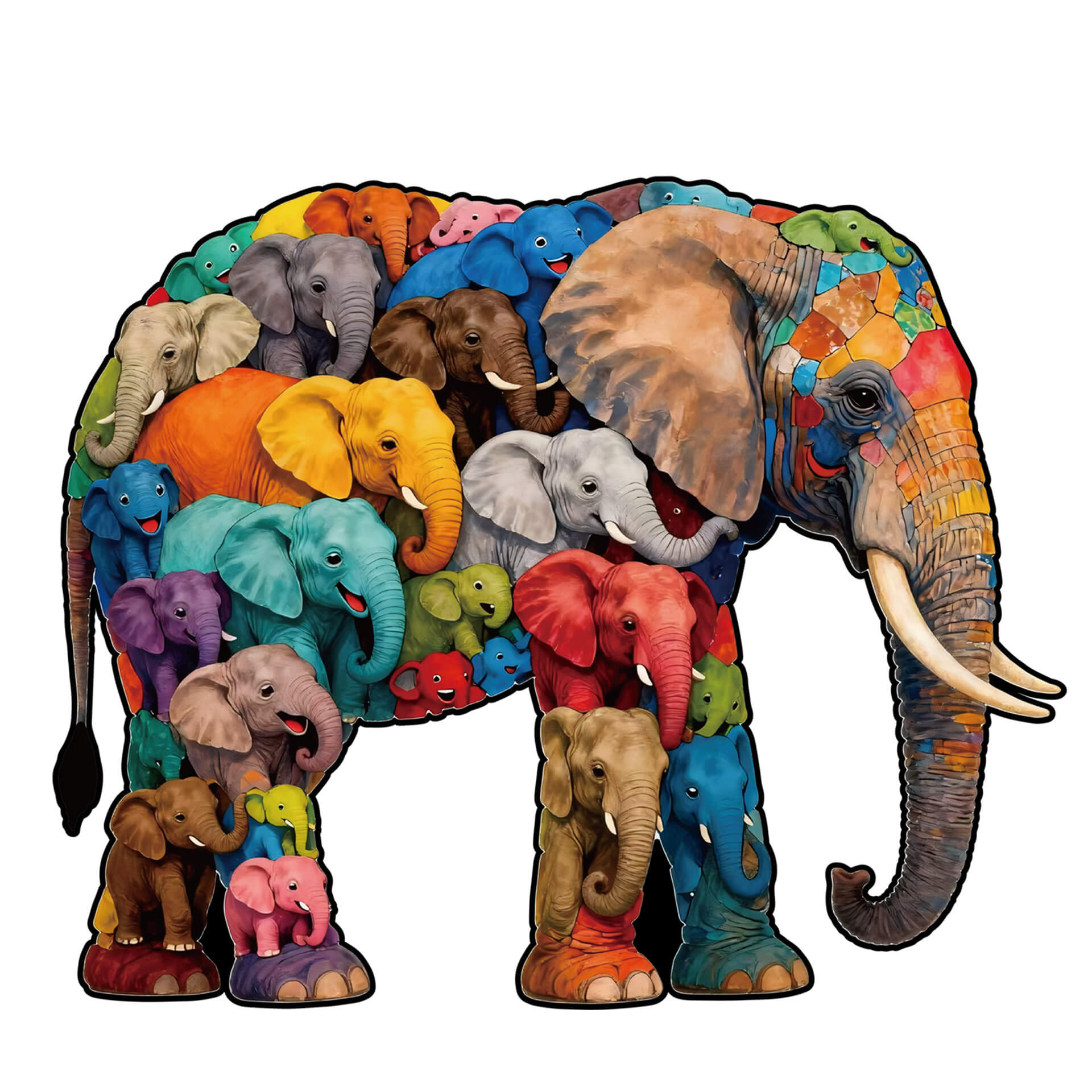 Elephant wooden puzzle with colorful animal-shaped pieces for adults and kids.