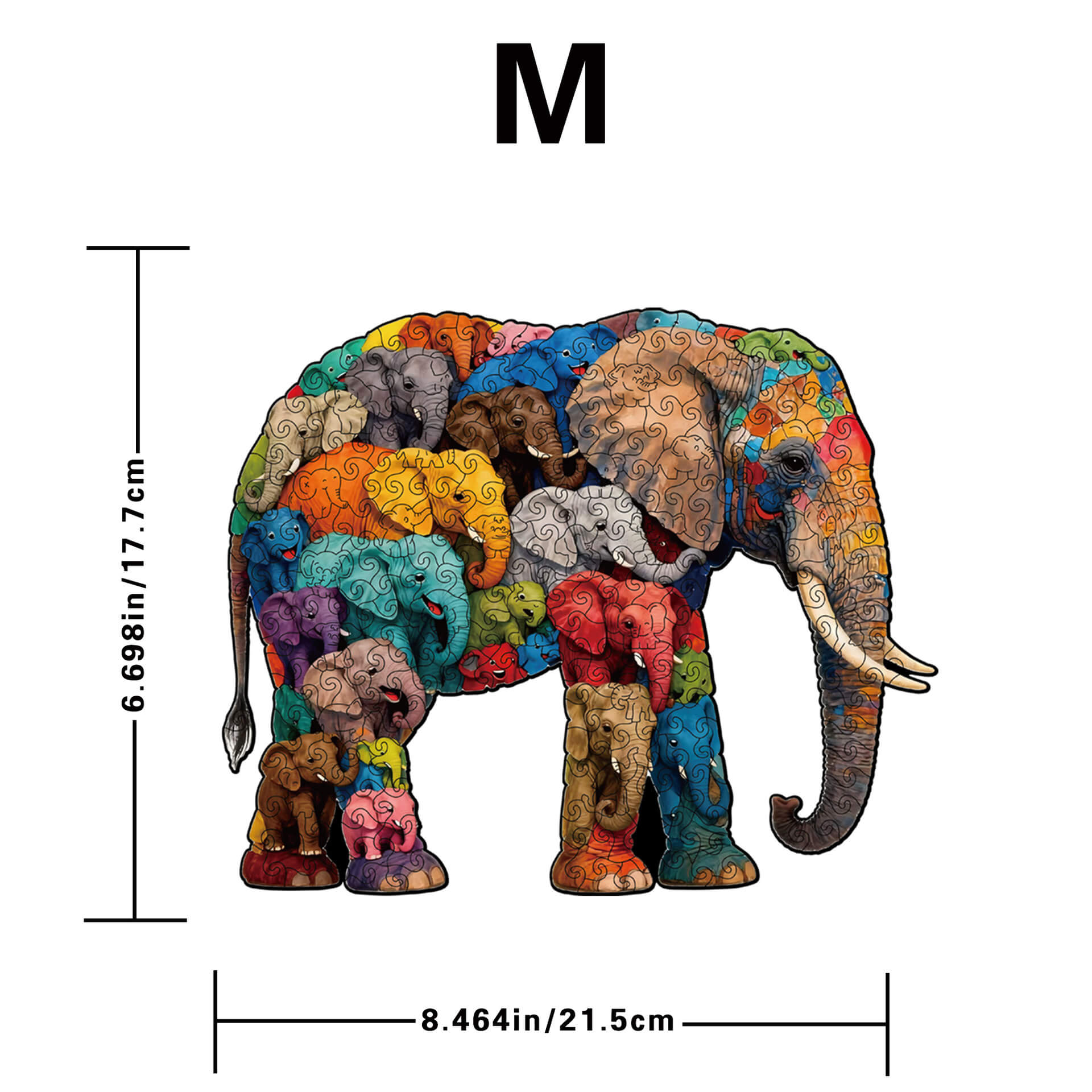 Elephant wooden puzzle with colorful animal-shaped pieces for adults and kids.