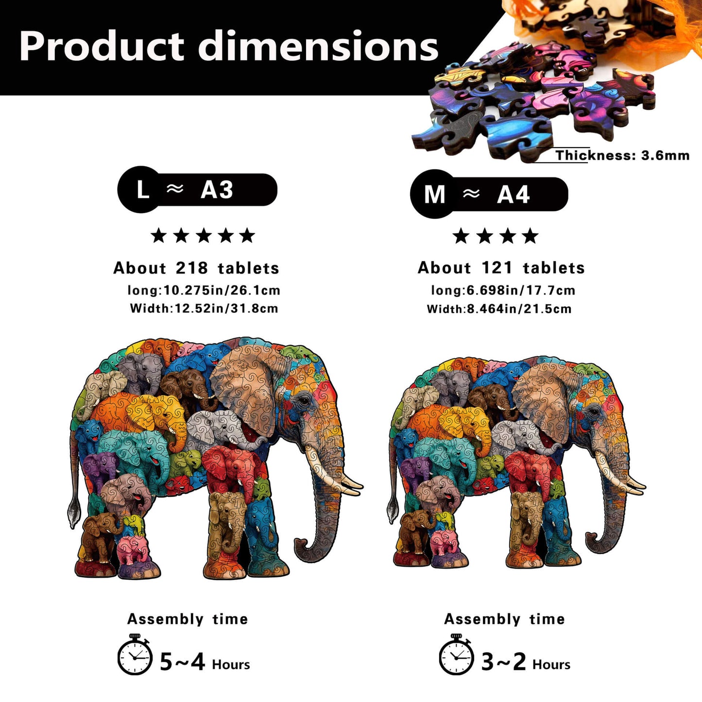 Elephant wooden puzzle with colorful animal-shaped pieces for adults and kids.