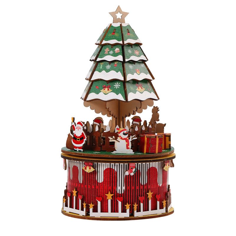 The assembled wooden music box displayed as a charming holiday decoration in a cozy home setting