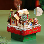 The assembled wooden music box displayed as a charming holiday decoration in a cozy home setting