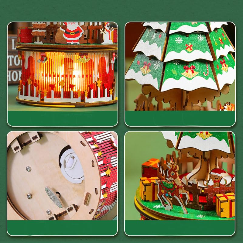 The assembled wooden music box displayed as a charming holiday decoration in a cozy home setting