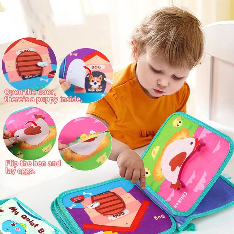 Fabric busy book promoting hand-eye coordination and independent play