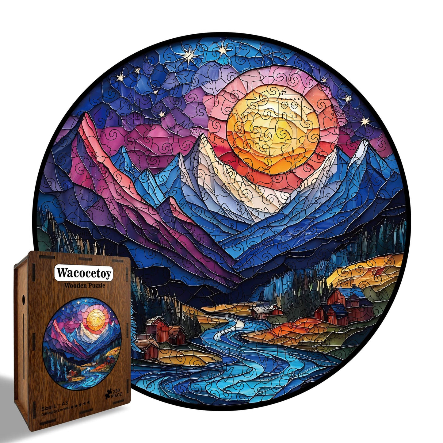 3D canyon sunset forest wooden puzzle with animal-shaped pieces and dual-use money bank design
