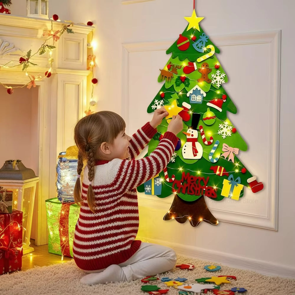  A joyful child hanging DIY Christmas ornaments on the tree, enjoying creative play with our kid-friendly decoration set.