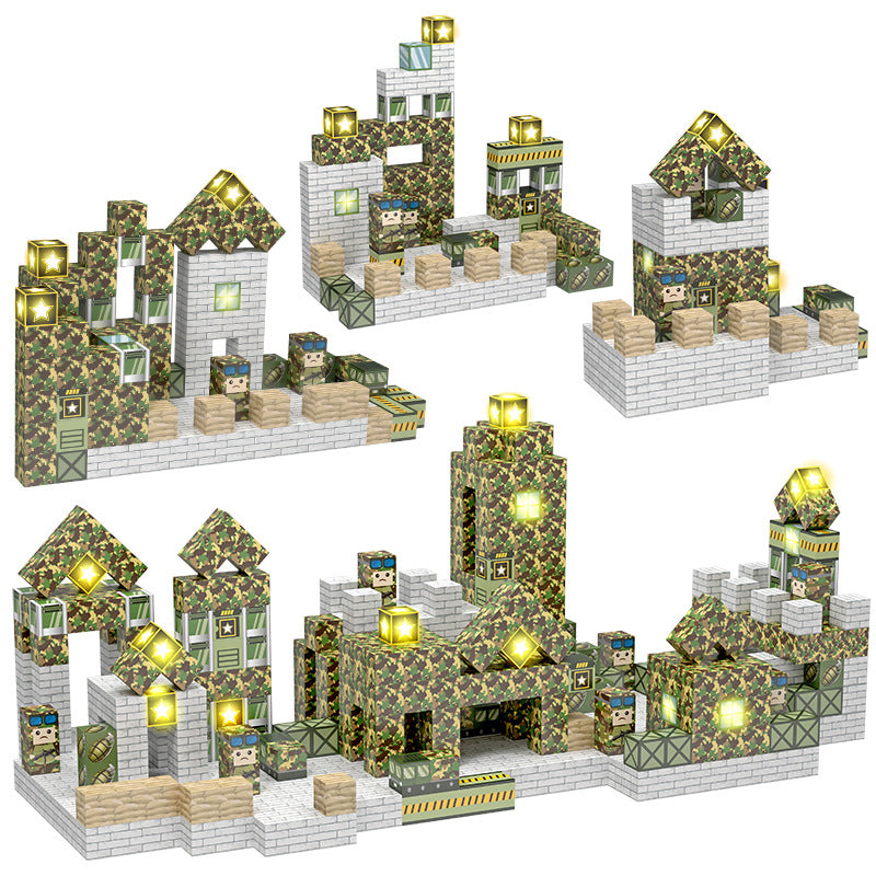 Kids building military forts with magnetic open ended blocks – top STEM toys for 3 year olds