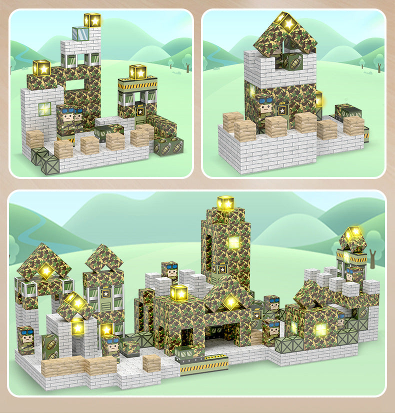 Kids building military forts with magnetic open ended blocks – top STEM toys for 3 year olds