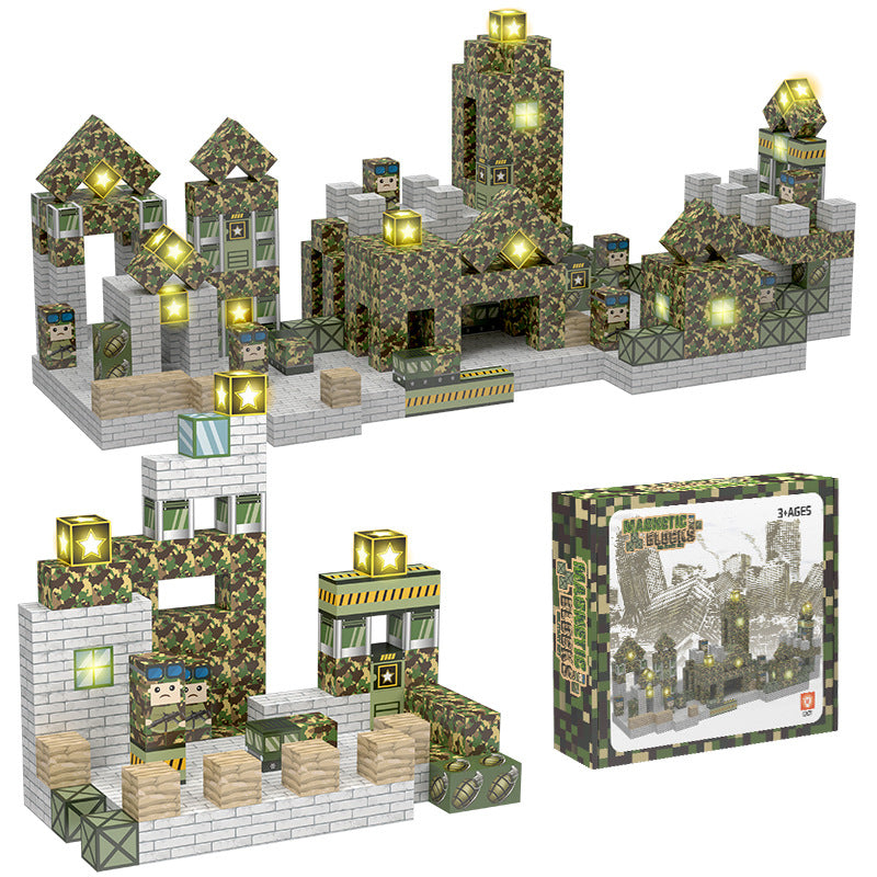 Kids building military forts with magnetic open ended blocks – top STEM toys for 3 year olds