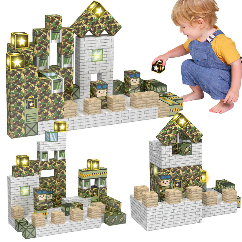 Kids building military forts with magnetic open ended blocks – top STEM toys for 3 year olds
