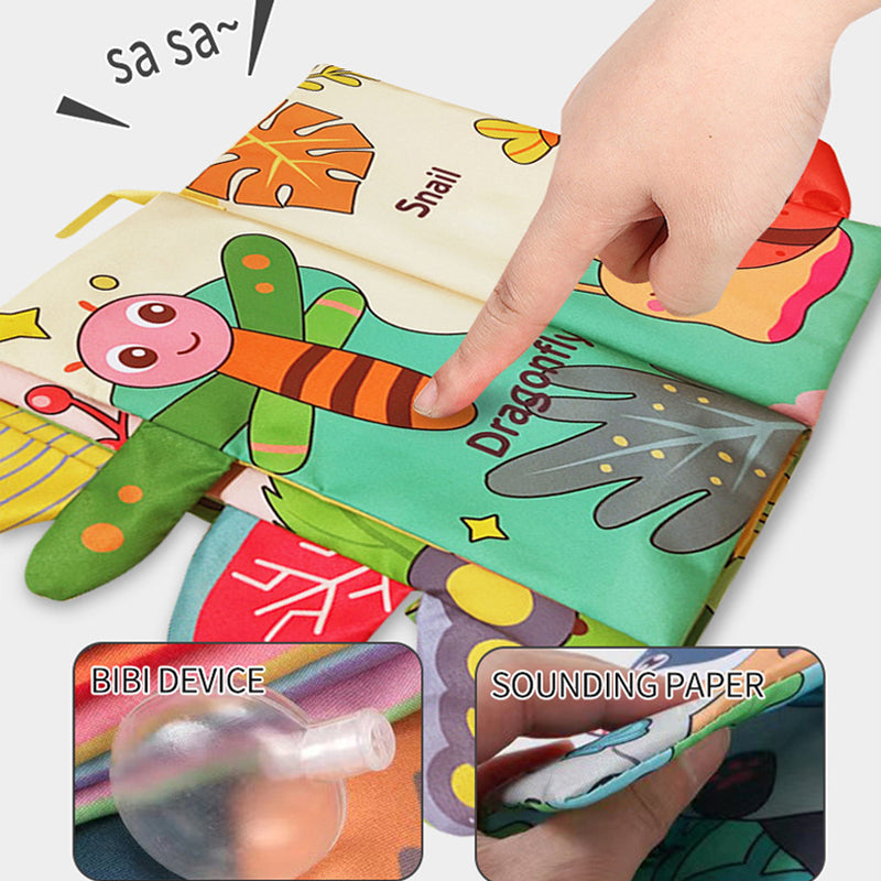 Baby exploring crinkle sounds in Salsa Dragon fabric book 📖 | BIBIDEVICE paper & BB sounder stimulate hearing and motor skills