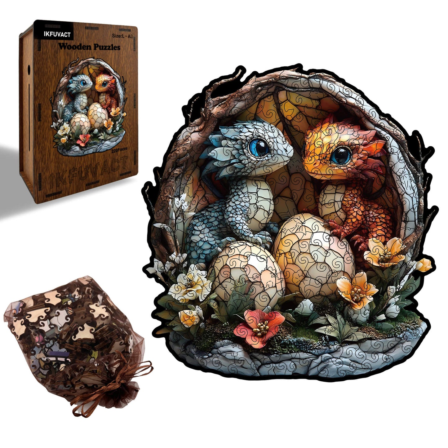 Wooden puzzle featuring two baby dragons hatching from their eggs in a magical dragon nest.