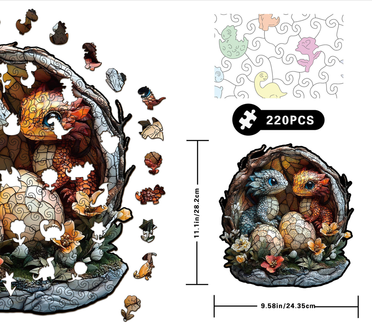 Wooden puzzle featuring two baby dragons hatching from their eggs in a magical dragon nest.