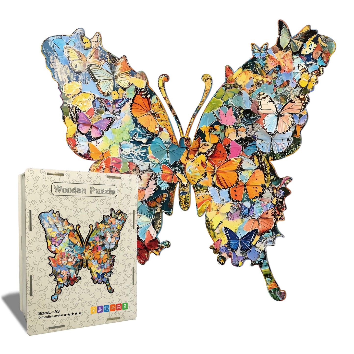 A family enjoys quality time together while collaboratively solving the wooden butterfly puzzle on a table.