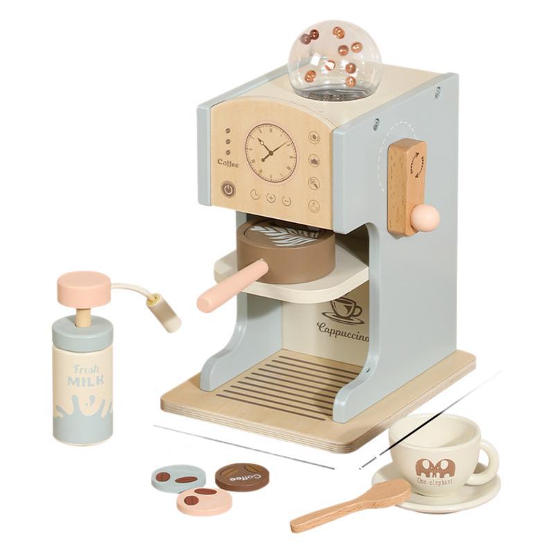 Toy espresso machine with pressable milk frother and wooden coffee pods