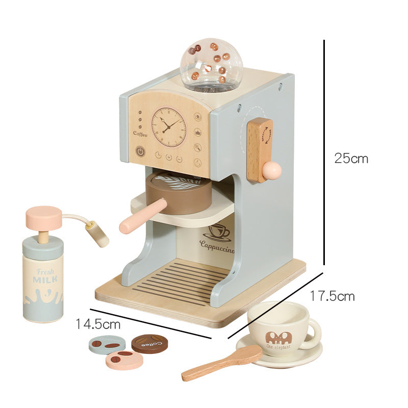Toy espresso machine with pressable milk frother and wooden coffee pods
