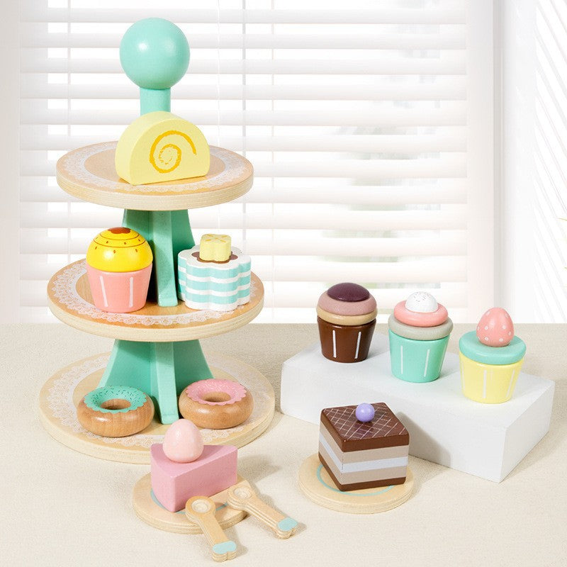 Pretend play dessert tea set with pastel macarons and cakes