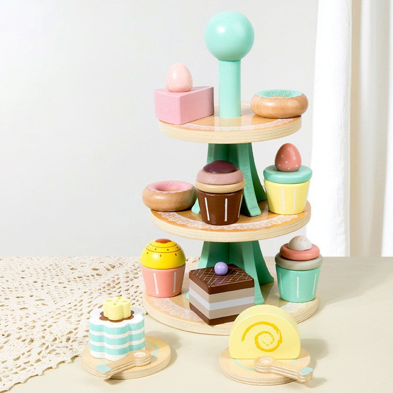Pretend play dessert tea set with pastel macarons and cakes
