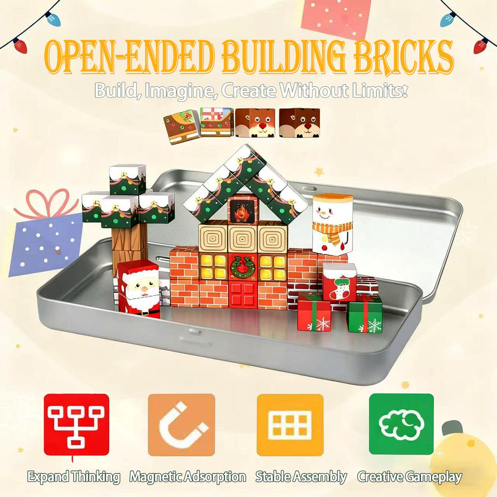 45-piece magnetic block travel toy set for building a festive Christmas scene and creative play.