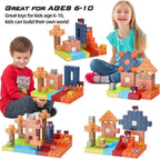 Montessori-inspired magnetic Minecraft blocks set featuring a colorful maple forest, brick house, trees, lava terrain, and water elements for creative building and STEM play.