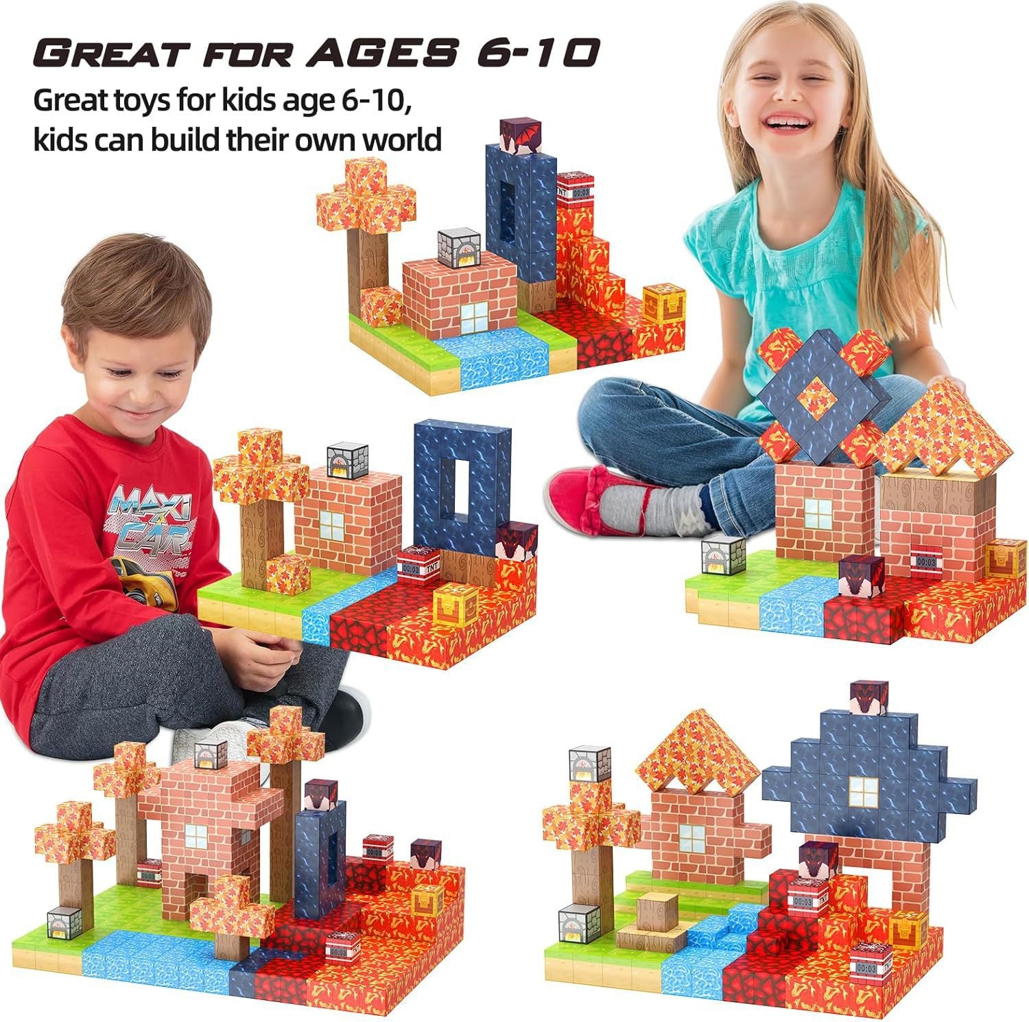 Montessori-inspired magnetic Minecraft blocks set featuring a colorful maple forest, brick house, trees, lava terrain, and water elements for creative building and STEM play.