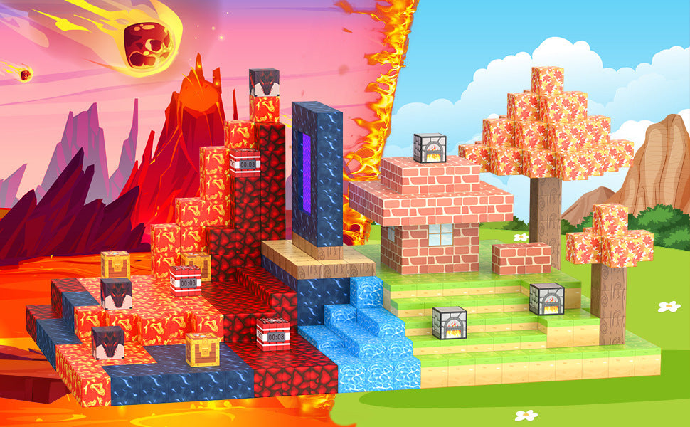 Montessori-inspired magnetic Minecraft blocks set featuring a colorful maple forest, brick house, trees, lava terrain, and water elements for creative building and STEM play.