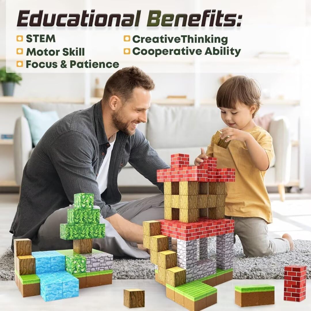 The Perfect Montessori Forest Set: Vibrant minecraft magnetic blocks ready for building imaginative woodland scenes.