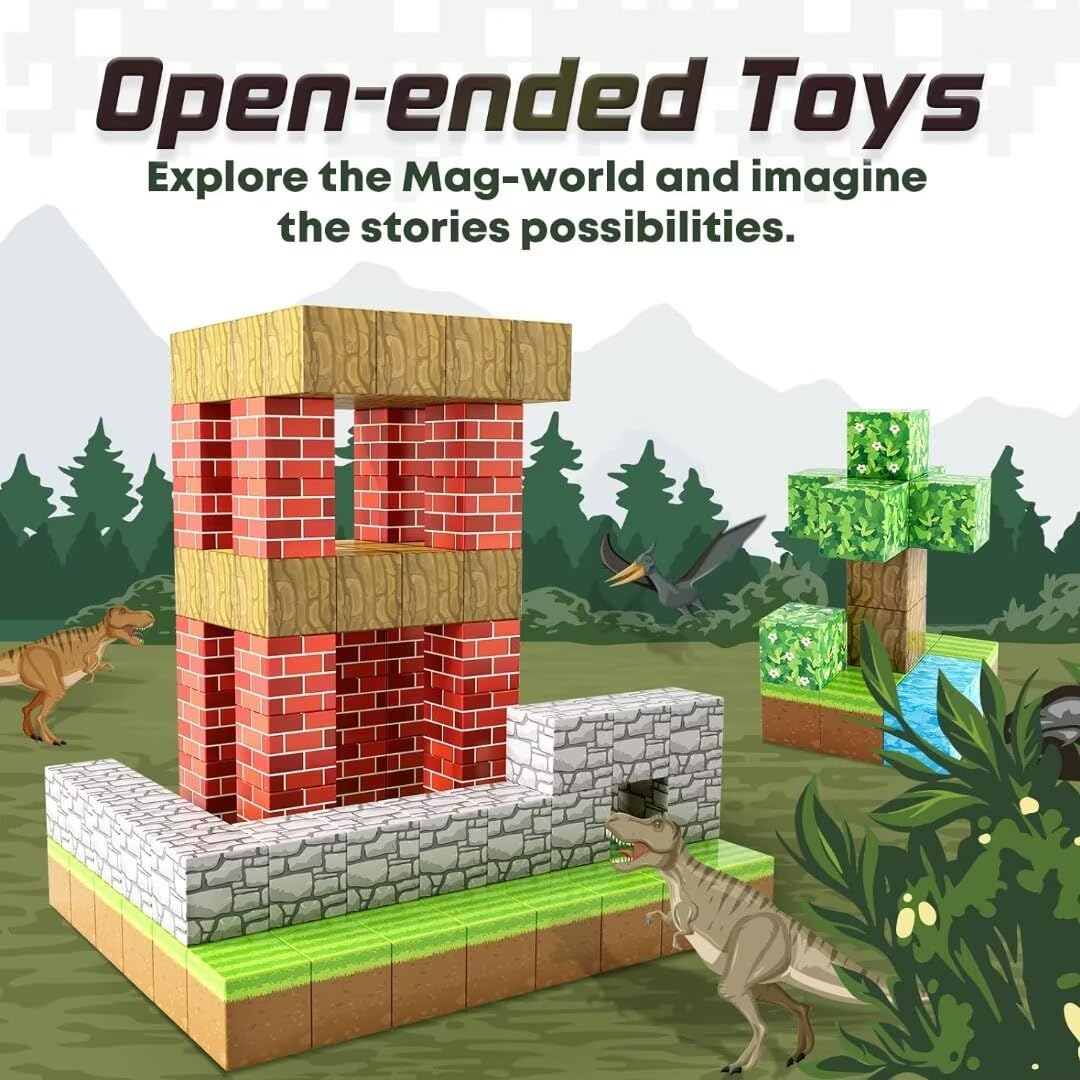 The Perfect Montessori Forest Set: Vibrant minecraft magnetic blocks ready for building imaginative woodland scenes.