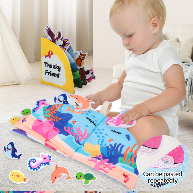 Durable tear-resistant busy book featuring sensory-rich patterns and strong Velcro for fun matching games that develop babies’ cognitive, sensory, and hand-eye coordination skills.