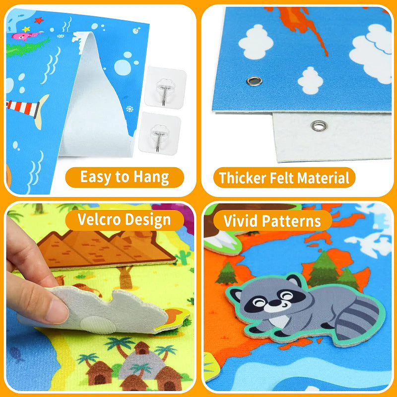 Close-up of Montessori busy board wall mounting system showing thick felt panels, vivid educational patterns, and secure Velcro attachments for easy hanging and repositioning