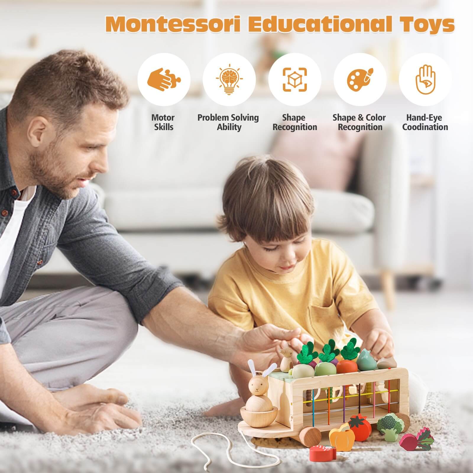 Montessori carrot harvest toy with wooden cart and removable carrots for shape matching.