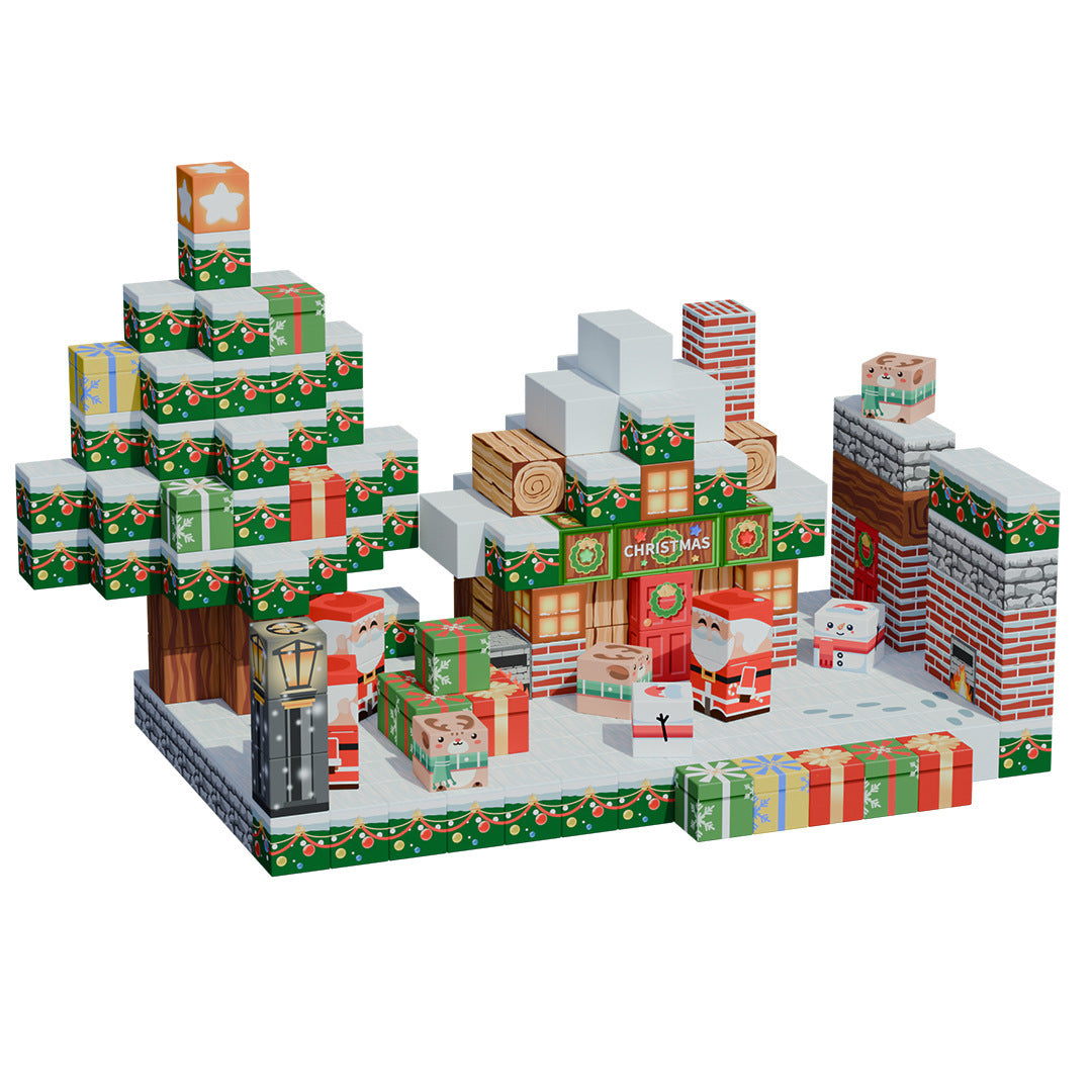 Parents and children developing fine motor skills through festive magnetic block play