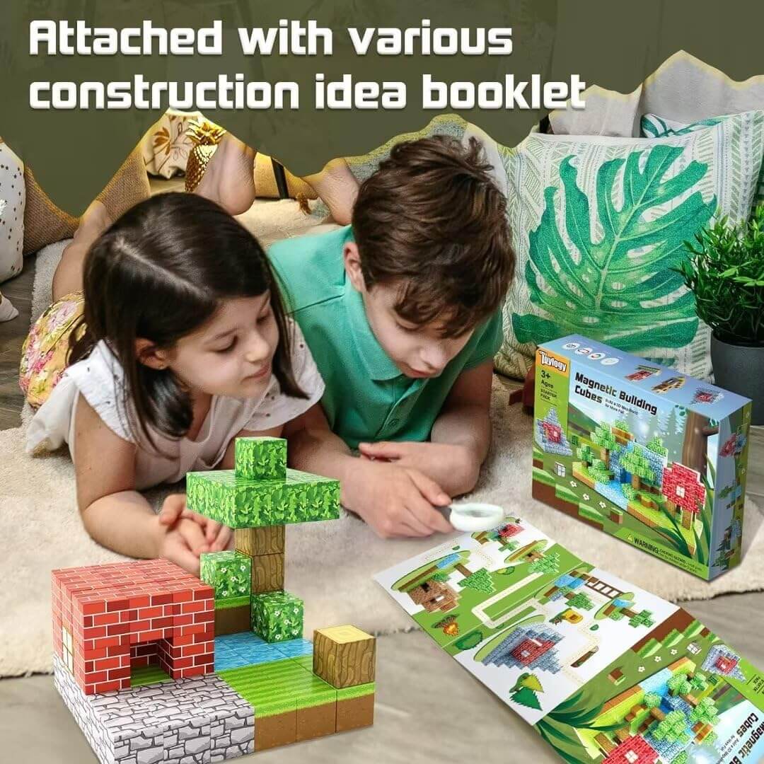 Child playing with Montessori magnetic building blocks creating primeval forest scene with trees, animals and rocks - educational STEM toy with magnets