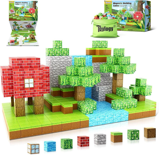 Child playing with Montessori magnetic building blocks creating primeval forest scene with trees, animals and rocks - educational STEM toy with magnets