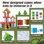 Child playing with Montessori magnetic building blocks creating primeval forest scene with trees, animals and rocks - educational STEM toy with magnets