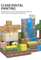 Child building a whimsical farmhouse with open ended magnetic blocks, glowing tiles and animal figurines