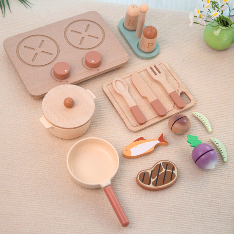 Montessori wooden food toy set with matching plates for toddlers