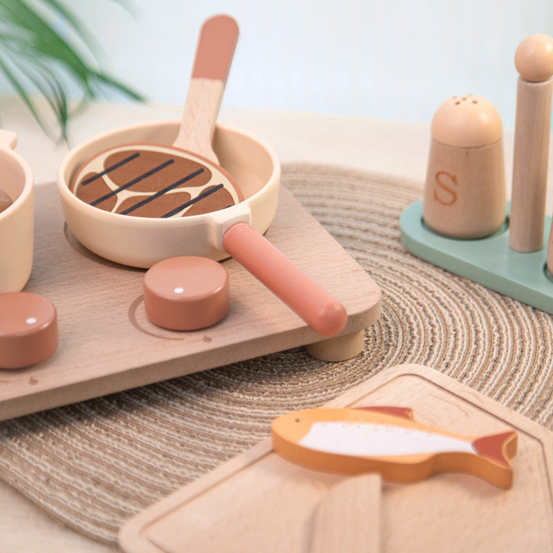 Montessori wooden food toy set with matching plates for toddlers