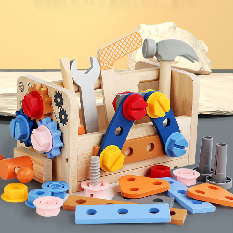 Toddler practicing real-life skills with Montessori wooden tool set