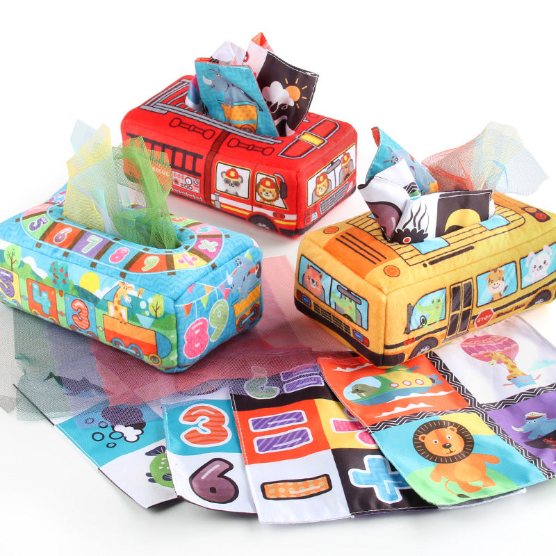 Montessori sensory tissue box toy shaped like a colorful bus, with crinkle tissues and alphabet cards for baby learning and play