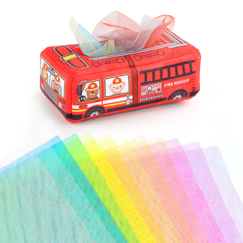 Montessori sensory tissue box toy shaped like a colorful bus, with crinkle tissues and alphabet cards for baby learning and play