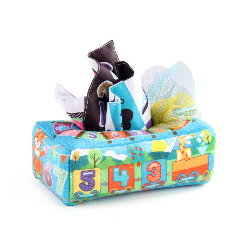 Montessori sensory tissue box toy shaped like a colorful bus, with crinkle tissues and alphabet cards for baby learning and play