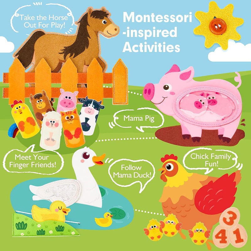 Montessori toddler busy book designed to spark curiosity and support early development through grasping, pulling, role-play, and sensory exploration.
