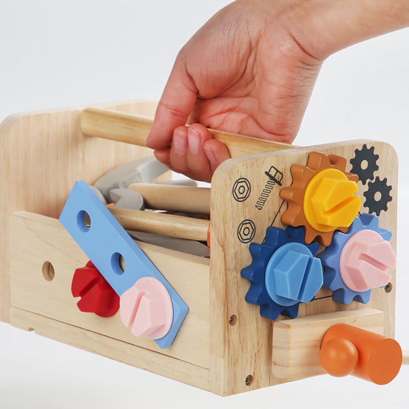 Montessori wooden toolbox neatly storing tools and parts