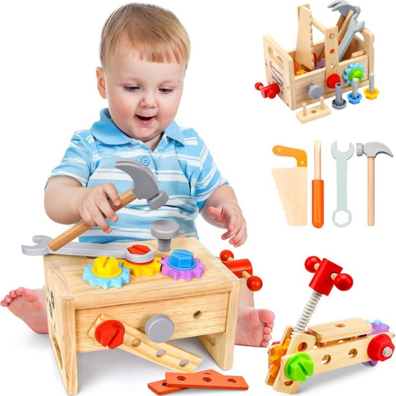 Montessori wooden tool set with bench and toolbox function for toddlers