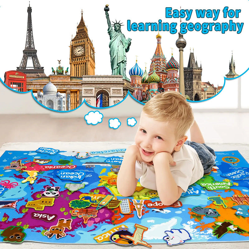 Montessori World Explorer Busy Board for toddlers to learn geography with interactive elements and tactile features