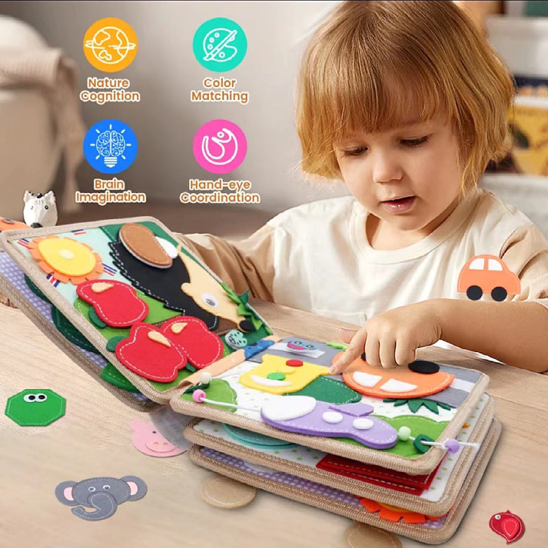 Colorful Montessori-style preschool busy book for toddlers featuring dinosaur, princess, Christmas, farm, zoo, and ocean themes with 3D felt pages and interactive learning elements.