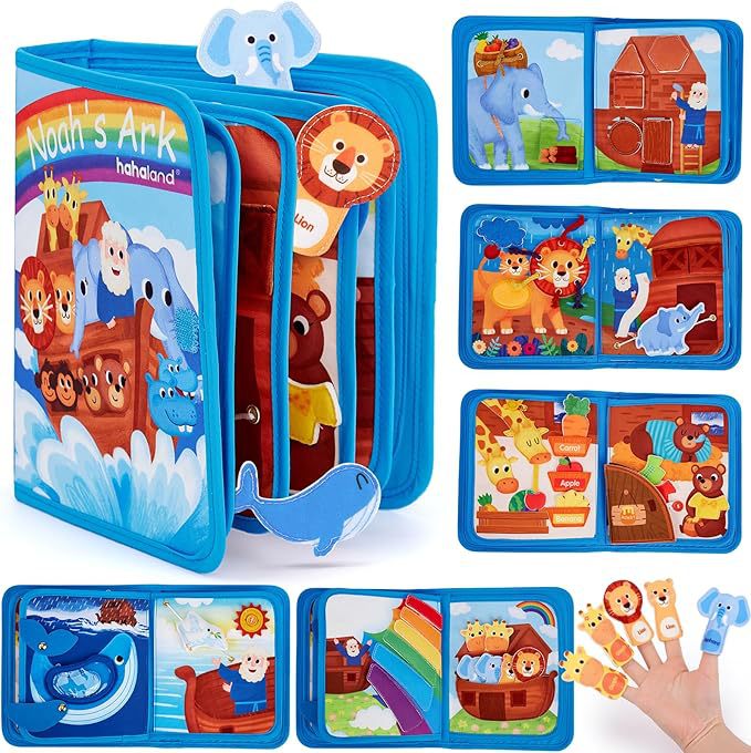 Colorful Montessori-style preschool busy book for toddlers featuring dinosaur, princess, Christmas, farm, zoo, and ocean themes with 3D felt pages and interactive learning elements.