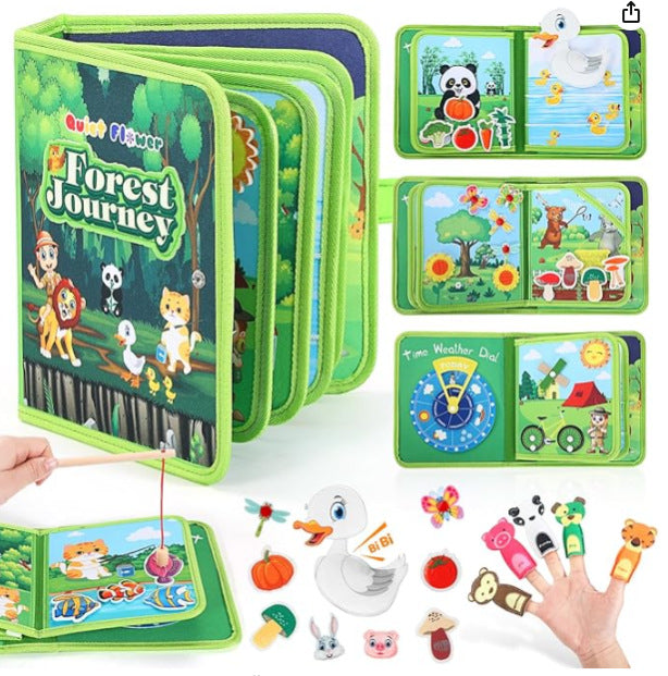 Colorful Montessori-style preschool busy book for toddlers featuring dinosaur, princess, Christmas, farm, zoo, and ocean themes with 3D felt pages and interactive learning elements.