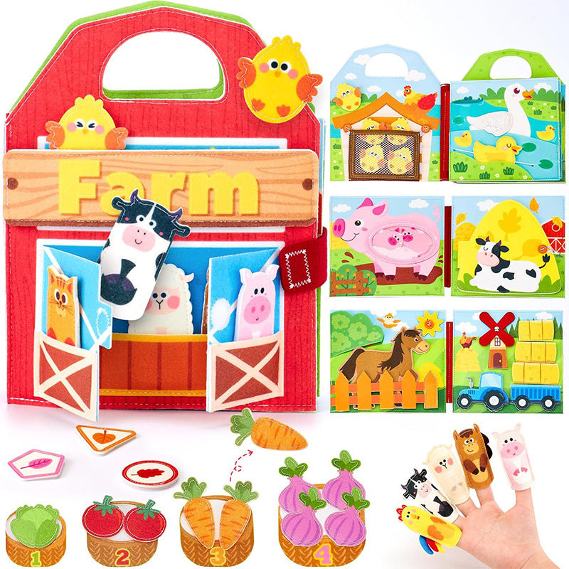 Colorful Montessori-style preschool busy book for toddlers featuring dinosaur, princess, Christmas, farm, zoo, and ocean themes with 3D felt pages and interactive learning elements.